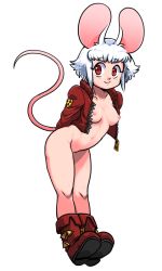 Rule 34 | 1girl, animal ears, arms behind back, boots, breasts, full body, jacket, leaning forward, long sleeves, looking at viewer, medium breasts, mouse ears, mouse girl, mouse tail, n mossi, naked jacket, nipples, open clothes, open jacket, original, pussy, red eyes, red footwear, red jacket, short hair, simple background, smile, solo, standing, tail, tareme, uncensored, white background, white hair, zipper