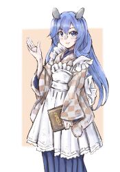 Rule 34 | 1girl, alternate costume, blue eyes, blue hair, blue hakama, checkered clothes, commentary request, fake horns, hakama, headgear, highres, holding, horned headwear, horns, i-203 (kancolle), japanese clothes, kantai collection, ld (luna dial398), light blue hair, long hair, menu, one-hour drawing challenge, sidelocks, solo, waitress