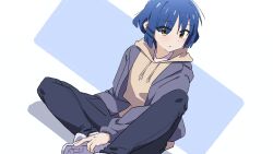 Rule 34 | 1girl, absurdres, blazer, blue hair, blue pants, bob cut, bocchi the rock!, closed mouth, grey jacket, highres, hood, hood down, hoodie, jacket, light blush, long sleeves, looking to the side, oekakiism, open clothes, open jacket, pants, raised eyebrows, shirt, shoes, sitting, sneakers, solo, translation request, white footwear, white shirt, yamada ryo, yellow eyes, yellow hoodie