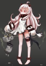 Rule 34 | 10s, 1girl, abyssal ship, anklet, black background, black panties, broken, burnt clothes, hairband, holding head, horns, jewelry, kantai collection, long hair, messy hair, mittens, northern ocean princess, panties, pantyshot, pepii, red eyes, rensouhou-chan, shaded face, signature, smoke, solo, standing, underwear, white hair