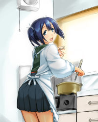 Rule 34 | 10s, 1girl, :d, apron, back, blue eyes, blue hair, blush, cooking, japanese clothes, jewelry, kantai collection, kappougi, kitchen, looking back, npqhytt12, open mouth, pot, ring, saucer, skirt, smile, solo, souryuu (kancolle), spoon, tabigarasu (mahjong yuugen gaisha 58), twintails