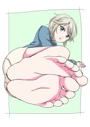 Rule 34 | 1girl, anastasia (idolmaster), barefoot, blue eyes, blush, commentary request, feet, foot focus, highres, idolmaster, idolmaster cinderella girls, leafar, looking at viewer, no shoes, open mouth, short hair, silver hair, soles, toes