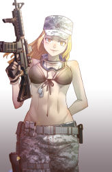 Rule 34 | 1girl, arm behind back, assault rifle, belt, bikini, bikini top only, black bikini, breasts, brown gloves, camouflage, camouflage headwear, camouflage pants, commentary, cowboy shot, dog tags, fingerless gloves, front-tie bikini top, front-tie top, gloves, goggles, goggles around neck, gradient background, grey background, grey belt, gun, holding, holding gun, holding weapon, kws, long hair, looking at viewer, m4 carbine, medium breasts, navel, original, pants, rifle, smile, solo, sparkle, standing, swimsuit, utility belt, weapon, wind, yellow eyes