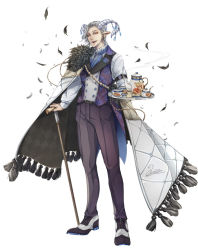 Rule 34 | 1boy, anotherxalice, black pants, blue neckwear, cane, cartolaio, cup, earrings, feather trim, feathers, full body, grey hair, holding, holding tray, horns, jewelry, long sleeves, looking at viewer, male focus, official art, open mouth, pants, pointy ears, shoes, standing, sugar bowl, tan, teacup, teapot, tray, vest