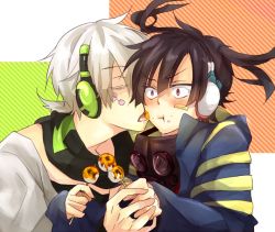 Rule 34 | 1boy, 1girl, black hair, blush, dango, enomoto takane, closed eyes, food, food on face, headphones, ieiro, kagerou project, konoha (kagerou project), licking, mask, ponytail, red eyes, surprised, twintails, vocaloid, wagashi, white hair