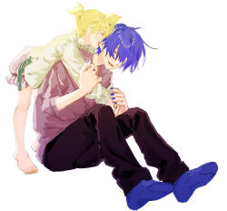 Rule 34 | 2boys, barefoot, black pants, blonde hair, blue hair, blue nails, blue socks, blush, closed eyes, frilled shirt, frills, full body, hair between eyes, happy, hug, hug from behind, kagamine len, kaito (vocaloid), knees up, long sleeves, male focus, multiple boys, open mouth, pants, pink shirt, shirt, short hair, shorts, sitting, smile, socks, standing, t-shirt, user wfyn2747, vocaloid, white background, yellow nails