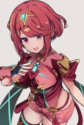 Rule 34 | 1girl, black gloves, breasts, chest jewel, earrings, fingerless gloves, gem, gloves, headpiece, highres, hirotaka (hrtk990203), jewelry, large breasts, pyra (xenoblade), red eyes, red hair, red shorts, red thighhighs, short hair, short shorts, shorts, solo, swept bangs, thighhighs, tiara, xenoblade chronicles (series), xenoblade chronicles 2
