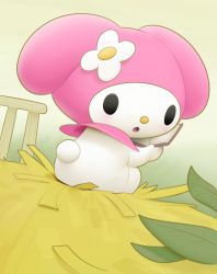 Rule 34 | 1girl, animal nose, black eyes, blank eyes, blush, body fur, book, female focus, flower, full body, furry, furry female, hair flower, hair ornament, hand up, hay, holding, holding book, inkune, light blush, looking at viewer, looking back, my melody, onegai my melody, open book, open mouth, rabbit ears, rabbit girl, rabbit tail, reading, sanrio, sitting, solo, white flower, white fur