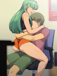Rule 34 | 1boy, 1girl, ass, bare shoulders, breast smother, breasts, capcom, chair, clothes lift, demon girl, face to breasts, femdom, greco roman (spiral brain), green hair, hetero, highres, hug, knees, large breasts, legs, morrigan aensland, open mouth, shirt lift, shorts, sideboob, sitting, smile, spread legs, tongue, vampire (game)