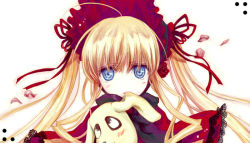 Rule 34 | 00s, 1girl, ahoge, blonde hair, blue eyes, blush, bonnet, capelet, cradle (circle), expressionless, floating hair, flower, kunkun, long hair, looking at viewer, petals, rose, rozen maiden, shinku, solo, twintails, upper body, very long hair