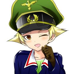 Rule 34 | 10s, 1girl, blonde hair, blush, brown eyes, close-up, erwin (girls und panzer), girls und panzer, gloves, goggles, goggles on headwear, hat, jacket, long sleeves, looking at viewer, lowres, military, military uniform, one eye closed, open mouth, peaked cap, sae (saearito03), short hair, smile, solo, uniform, white background, wink