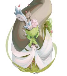 Rule 34 | animal focus, artist name, closed eyes, colored skin, commentary request, creatures (company), falling petals, from above, game freak, gardevoir, gen 2 pokemon, gen 3 pokemon, gen 4 pokemon, green hair, highres, igglybuff, ktbr 2, nintendo, no humans, own hands together, pachirisu, petals, pink skin, pokemon, pokemon (creature), tail, twitter username, walking, white skin