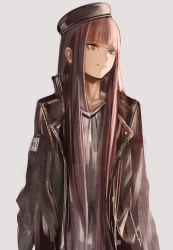 Rule 34 | 1girl, blunt bangs, brown hair, coat, collarbone, grey background, grey coat, grey eyes, grey headwear, long hair, lowres, open clothes, open coat, original, shirt, simple background, solo, standing, straight hair, sushi (sashimise), very long hair, white shirt