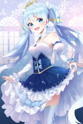 Rule 34 | 1girl, :d, absurdres, blue bow, blue eyes, blue hair, blush, bow, breasts, detached collar, detached sleeves, earrings, floating hair, fortissimo, hair ornament, hatsune miku, highres, jewelry, layered skirt, leavv, long hair, long sleeves, looking at viewer, medium breasts, musical note, musical note hair ornament, open mouth, skirt, smile, solo, standing, thighhighs, twintails, very long hair, vocaloid, white skirt, white sleeves, white thighhighs, yuki miku
