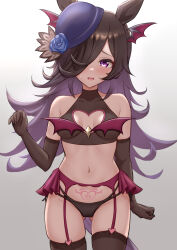 Rule 34 | absurdres, alternate costume, animal ears, black gloves, black pantyhose, blue flower, breasts, clothing cutout, costume, cowboy shot, demon wings, elbow gloves, embarrassed, flower, garter belt, gloves, hair over one eye, hat, hat flower, head wings, heart cutout, highres, horse ears, horse girl, horse tail, long hair, looking at viewer, navel, pantyhose, pubic tattoo, purple eyes, revealing clothes, rice shower (umamusume), ririsu082, simple background, small breasts, sweat, tail, tattoo, tilted headwear, umamusume, wings