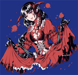 Rule 34 | 1girl, black gloves, black hair, bloodless (bloodstained), bloodstained: ritual of the night, breasts, clothes lift, dress, dress lift, gloves, long hair, looking at viewer, oimo (motu club), red dress, simple background, solo