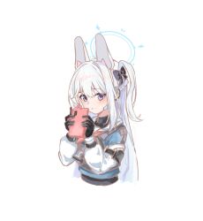 Rule 34 | 1girl, animal ears, black gloves, blue archive, blue serafuku, blush, bow, closed mouth, clov3r, commentary, cropped torso, earpiece, expressionless, fake animal ears, gloves, hair bow, halo, highres, holding, holding phone, long hair, looking at viewer, miyako (blue archive), neckerchief, one side up, phone, pink neckerchief, purple eyes, rabbit ears, sailor collar, school uniform, serafuku, simple background, solo, w, white background, white hair, white sailor collar
