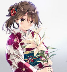 Rule 34 | 1girl, arashio (kancolle), bad id, bad pixiv id, blush, brown eyes, brown hair, closed mouth, commentary request, floral print, flower, gradient background, hair between eyes, hair bun, hair flower, hair ornament, happy new year, holding, holding flower, japanese clothes, kantai collection, kanzashi, kimono, kobayashi chisato, lily (flower), looking at viewer, new year, obi, print kimono, red flower, sash, short hair, side bun, single hair bun, single side bun, smile, solo, upper body, white flower, white kimono