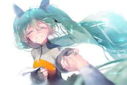 Rule 34 | 1girl, ahoge, aqua hair, aqua nails, blurry, breasts, closed eyes, comet (artist), crying, depth of field, female focus, fingerless gloves, gloves, hair between eyes, hatsune miku, headphones, holding, holding hands, holding paper, long hair, long sleeves, nail polish, open mouth, paper, pixels, simple background, small breasts, smile, solo, teeth, twintails, very long hair, vocaloid, white background, wind
