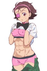 Rule 34 | 1girl, abs, black bow, black bowtie, blouse, bow, bowtie, boyshort panties, breasts, brown eyes, brown hair, clothes lift, clothes pull, collar, commentary, covered erect nipples, cowboy shot, detached collar, eyepatch, food, fruit, girls und panzer, green skirt, groin, hair pulled back, hairband, highres, lifted by self, looking at viewer, medium breasts, momogaa (girls und panzer), muscular, muscular female, navel, nervous, onsen tamago (hs egg), ooarai school uniform, open clothes, open skirt, parted lips, peach, pink boyshorts, pink collar, pink hairband, pink sports bra, pleated skirt, school uniform, serafuku, shirt, shirt lift, short hair, short sleeves, simple background, skirt, skirt pull, solo, sports bra, standing, sweatdrop, white background, white shirt