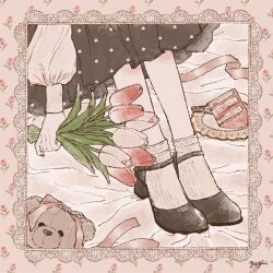 Rule 34 | 1girl, artist name, black footwear, black skirt, border, cake, cake slice, commentary, feet, floral background, flower, food, foot focus, framed, holding, holding flower, knife, lace, lace border, lace trim, leaf, long sleeves, lower body, mary janes, muted color, original, ornate border, out of frame, pink border, pink flower, pink ribbon, pink tulip, plate, polka dot, polka dot skirt, puffy long sleeves, puffy sleeves, ribbon, shoes, signature, skirt, sleeve cuffs, socks, solo, stuffed animal, stuffed toy, symbol-only commentary, teddy bear, tulip, white socks, yayoi (frp-y)