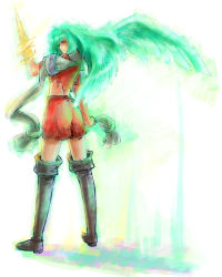 Rule 34 | 1girl, aged up, armor, boots, bsy, drill, emerada (xenogears), green hair, head wings, long hair, looking at viewer, looking back, midriff, multicolored background, nappo, pauldrons, prehensile hair, scarf, shoulder armor, skirt, solo, standing, thighhighs, torn clothes, transformation, wings, xenogears, yellow eyes