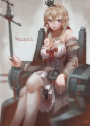 Rule 34 | 10s, 1girl, bare shoulders, blonde hair, blue eyes, blush, braid, breasts, cleavage, crossed legs, crown, dress, french braid, globe, globus cruciger, hair between eyes, jewelry, kantai collection, krin (krinnin), large breasts, long hair, long sleeves, looking at viewer, medium breasts, necklace, off-shoulder dress, off shoulder, red ribbon, ribbon, scepter, sitting, solo, thighs, throne, waist cape, warspite (kancolle)