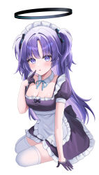 Rule 34 | 1girl, absurdres, alternate costume, apron, black gloves, blue archive, blush, breasts, cleavage, detached collar, enmaided, frilled apron, frills, gloves, halo, hasom, highres, large breasts, long hair, maid, maid apron, maid headdress, mechanical halo, parted lips, purple eyes, purple hair, short sleeves, simple background, sitting, solo, thighhighs, two side up, white apron, white background, white thighhighs, yokozuwari, yuuka (blue archive)