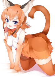 Rule 34 | 1girl, :d, all fours, animal ears, black hair, blue eyes, bow, bowtie, breasts, caracal (kemono friends), cat ears, cat tail, elbow gloves, fang, gloves, gradient hair, hidaka0503, high-waist skirt, kemono friends, looking at viewer, medium breasts, medium hair, multicolored hair, open mouth, orange bow, orange bowtie, orange hair, orange skirt, orange thighhighs, shirt, skirt, sleeveless, sleeveless shirt, smile, solo, tail, tail raised, thighhighs, traditional bowtie, white hair, white shirt, zettai ryouiki