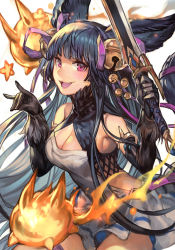 Rule 34 | 1girl, \m/, animal ears, armlet, backless dress, backless outfit, bare shoulders, bell, black gloves, black hair, breasts, cleavage, detached sleeves, dress, elbow gloves, erune, fang, fox ears, fox shadow puppet, fox tail, fur trim, gloves, granblue fantasy, granblue fantasy versus, hair bell, hair ornament, hair ribbon, hands up, heart, holding, holding sword, holding weapon, hungry clicker, jingle bell, long hair, looking at viewer, medium breasts, open mouth, purple eyes, purple ribbon, ribbon, short dress, simple background, solo, sword, tail, very long hair, weapon, white dress, wide sleeves, yuel (granblue fantasy)