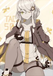 Rule 34 | 1girl, absurdres, arm support, autumn leaves, black gloves, blush, braid, brown eyes, brown jacket, brown pantyhose, chinese commentary, choumi wuti (xueye fanmang zhong), closed mouth, collarbone, commentary request, fingerless gloves, girls&#039; frontline, gloves, green eyes, grey skirt, hair ornament, hair over one eye, head tilt, heterochromia, highres, jacket, jacket on shoulders, knee up, long hair, open clothes, open jacket, panties, panties under pantyhose, pantyhose, shirt, silver hair, sitting, skirt, smile, solo, tac-50 (girls&#039; frontline), underwear, white shirt