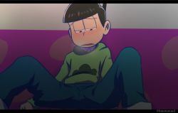 Rule 34 | 10s, 1boy, blush, breath, brown hair, clothes pull, hebii, letterboxed, looking down, male focus, matsuno choromatsu, osomatsu-kun, osomatsu-san, osomatsu (series), pants, pants pull, pants rolled up, solo, spread legs, sweat, twitter username