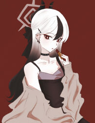 Rule 34 | 1girl, 28ki 00, black choker, black dress, black hair, blue archive, bright pupils, brown cardigan, cardigan, choker, collarbone, cosmetics, demon horns, dress, ear piercing, earrings, gradient hair, halo, highres, holding, holding lipstick tube, horns, jewelry, kayoko (blue archive), kayoko (dress) (blue archive), lipstick tube, looking at viewer, mole, mole on neck, multicolored hair, official alternate costume, piercing, red background, red eyes, simple background, sleeveless, sleeveless dress, solo, streaked hair, stud earrings, white hair, white pupils