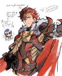 Rule 34 | alcryst (fire emblem), armor, blue hair, cape, circlet, closed mouth, diamant (fire emblem), fire emblem, fire emblem engage, fur trim, hahahashagi, highres, light smile, looking at viewer, male focus, nintendo, red cape, red eyes, red hair, short hair, shoulder armor, simple background, upper body, white background