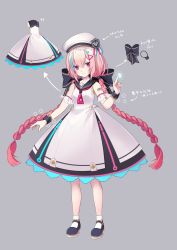 Rule 34 | 1girl, arrow (symbol), barcode, barcode tattoo, black bow, black footwear, bow, braid, character sheet, closed mouth, dress, full body, gradient hair, grey background, hair ornament, hairclip, highres, long hair, looking at viewer, mirei works, multicolored hair, pink eyes, pink hair, sailor collar, shoes, shoulder tattoo, simple background, sleeveless, sleeveless dress, socks, solo, standing, streaked hair, tattoo, twin braids, very long hair, virtual market, vket chan, vrchat, white dress, white headwear, white socks, wrist cuffs
