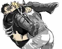 Rule 34 | 2boys, ass, bara, black hair, blonde hair, bound, bound wrists, colored tips, couple, cowboy shot, dorohedoro, facial mark, from side, kai (dorohedoro), kiss, leg on another&#039;s shoulder, lifting person, male focus, medium sideburns, multicolored hair, multiple boys, muscular, muscular male, no eyebrows, risu (dorohedoro), sketch, sweatdrop, thick eyebrows, ting ting, yaoi