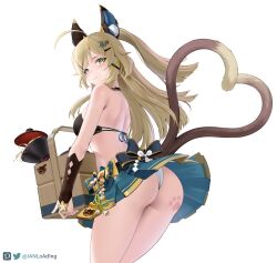 Rule 34 | 1girl, :3, absurdres, ahoge, animal ears, bare back, bare shoulders, blue skirt, breasts, cat ears, cat tail, commentary request, cowboy shot, fake animal ears, food delivery box, genshin impact, green hair, hair ornament, hairclip, half updo, heart, heart tail, highres, janload1ng, kirara (genshin impact), large breasts, long hair, looking at viewer, miniskirt, multiple tails, simple background, skirt, solo, standing, tail, thighs, two tails, very long hair, white background