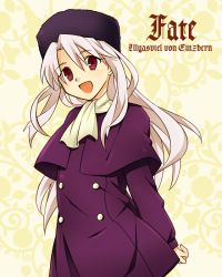 Rule 34 | 1girl, bad id, bad pixiv id, character name, copyright name, fate/stay night, fate (series), hat, illyasviel von einzbern, long hair, naiya, purple hat, red eyes, solo, white hair