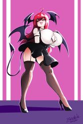 Rule 34 | 1girl, bra, breast expansion, breasts, cleavage cutout, clothing cutout, demon girl, demon tail, demon wings, female focus, fishnet thighhighs, fishnets, full body, garter straps, head wings, high heels, highres, huge breasts, koakuma, lace, lace-trimmed bra, lace trim, large breasts, long hair, looking at viewer, red eyes, red hair, solo, standing, tail, thighhighs, touhou, underwear, wings, zedrin