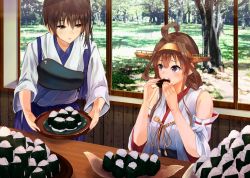 Rule 34 | 2girls, ahoge, bare shoulders, blue skirt, brown eyes, brown hair, commentary, detached sleeves, double bun, eating, food, hakama, hakama short skirt, hakama skirt, headgear, holding, holding food, holding tray, indoors, japanese clothes, kaga (kancolle), kantai collection, kongou (kancolle), konkito, long hair, looking at another, multiple girls, muneate, nontraditional miko, onigiri, purple eyes, remodel (kantai collection), side ponytail, sitting, skirt, table, tasuki, tray