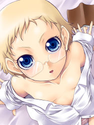 Rule 34 | 1girl, bare shoulders, bed sheet, blonde hair, blue eyes, book, dutch angle, female focus, flat chest, forehead, foreshortening, from above, glasses, looking up, nightshirt, off shoulder, open mouth, original, panties, short hair, solo, striped clothes, striped panties, underwear, yaso shigeru
