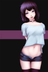 Rule 34 | 1girl, :d, arms behind back, bad id, bad pixiv id, black neckwear, blank eyes, blue shirt, buttons, choker, collarbone, denim, denim shorts, head tilt, heart, highres, legs together, lips, looking at viewer, midriff, miura-n315, navel, no pupils, open fly, open mouth, original, panties, purple hair, purple thighhighs, round teeth, shirt, short hair, short shorts, short sleeves, shorts, smile, solo, standing, stomach, t-shirt, teeth, thigh gap, thighhighs, unbuttoned, underwear, white panties, zettai ryouiki