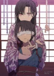 Rule 34 | 2girls, arms behind back, artist name, black hair, blindfold, blue kimono, chain, commentary request, flat chest, groping, hair behind ear, highres, japanese clothes, kimono, long hair, multiple girls, muromaki, obi, open mouth, original, purple eyes, purple kimono, rope, sash, short hair, sweat, tasuki, twitter username, yuri