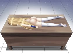 Rule 34 | 1girl, ass, blonde hair, facing away, female focus, floor, full body, highres, long hair, lying, nude, on stomach, on table, shiny skin, skindentation, soles, solo, table, toes, white legwear