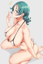 Rule 34 | 1girl, ass, bare shoulders, bikini, blush, breasts, cleavage, collarbone, curvy, green eyes, green hair, grey background, highres, huge breasts, looking at viewer, moisture (chichi), mole, mole on breast, open mouth, original, plump, puckered lips, simple background, sitting, soles, solo, swimsuit, thighs, wariza, white bikini