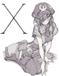 Rule 34 | 10mo, 1girl, blush, boots, breasts, dress, eyepatch, fang, fate/grand order, fate (series), greyscale, hair over one eye, hat, highres, knee boots, looking at viewer, medium breasts, monochrome, mysterious ranmaru x (fate), pantyhose, peaked cap, short hair, short sleeves, sitting, skin fang, smile, solo, thighs, wrist cuffs