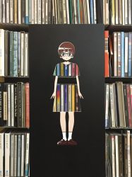 Rule 34 | 1girl, arms at sides, blunt bangs, brown footwear, brown hair, cd case, dress, english text, full body, glasses, highres, looking at viewer, original, panasonynet, patterned clothing, photo (medium), shelf, shoes, short hair, socks, solo, standing, unconventional media, white socks