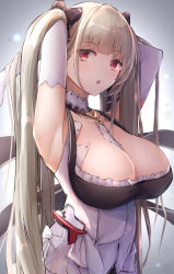 Rule 34 | 1girl, absurdres, armpits, arms up, azur lane, between breasts, blunt bangs, blush, breasts, cleavage, dress, elbow gloves, formidable (azur lane), frilled dress, frills, gloves, gradient background, hair ribbon, highres, kurohikage, large breasts, long hair, looking at viewer, open mouth, platinum blonde hair, red eyes, ribbon, simple background, solo, twintails, two-tone dress, two-tone ribbon, very long hair, white gloves