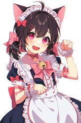 Rule 34 | 1girl, :d, ahoge, animal ears, apron, arm ribbon, bell, black dress, black hair, blush, bow, buttons, cat ears, center frills, dress, fang, frills, hair bow, hair ornament, hairclip, hand up, looking at viewer, low twintails, maid, maid apron, maid headdress, mamyouda, open mouth, original, pink bow, pink ribbon, puffy short sleeves, puffy sleeves, purple eyes, red bow, ribbon, short sleeves, simple background, skin fang, smile, solo, twintails, white background, wrist cuffs