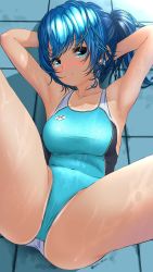 Rule 34 | 1girl, aigami kaon, armpits, arms behind head, arms up, blue eyes, blue hair, blue one-piece swimsuit, blush, breasts, collarbone, commentary request, competition swimsuit, garter-velvet, highres, looking at viewer, medium breasts, medium hair, one-piece swimsuit, original, smile, solo, spread legs, swimsuit, tan, tanline, thighs, tile floor, tiles, twitter username